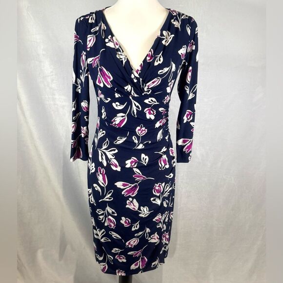 Ralph Lauren long sleeve navy & purple floral ruched side faux wrap dress size 4 - Picture 2 of 9